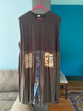OOAK Upcycled Patch-Pocket Button-Front Dress - Boxy tee with Patterned Pockets